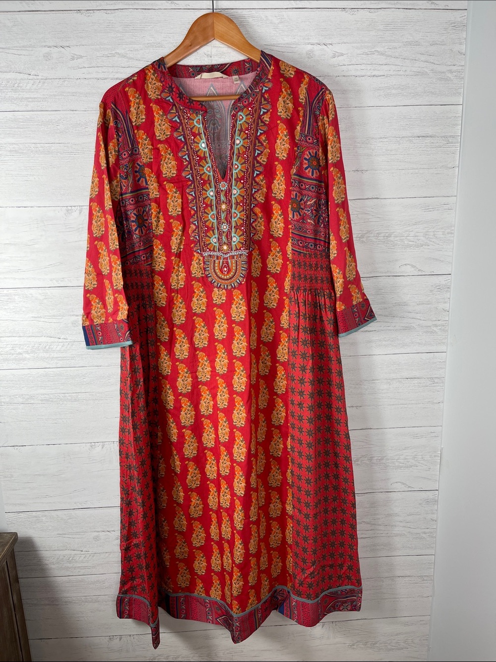 Soft Surroundings Red & Gold Printed Long Sleeve Kurta Dress